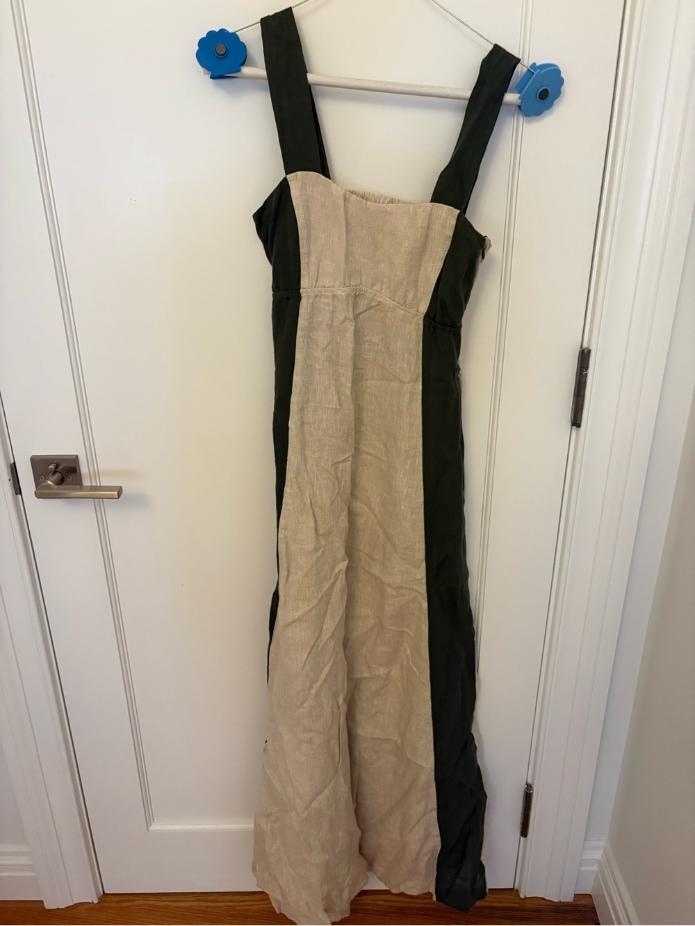 Sleeveless Two-Tone Linen Maxi Dress in Beige and Dark Green